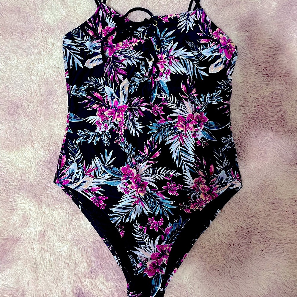 Bebe Black Floral Lace-Up Front Swimsuit - Size Medium